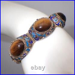 Chinese Filigree Bracelet Tigers Eye Stones Enamel Vermeil Silver