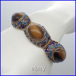 Chinese Filigree Bracelet Tigers Eye Stones Enamel Vermeil Silver