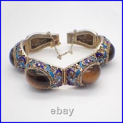 Chinese Filigree Bracelet Tigers Eye Stones Enamel Vermeil Silver