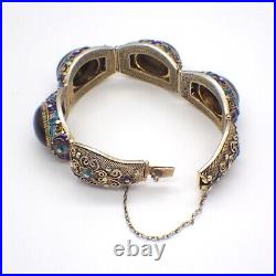 Chinese Filigree Bracelet Tigers Eye Stones Enamel Vermeil Silver