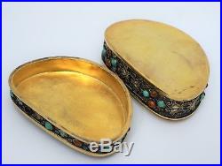Chinese Filigree Gilt Silver & Jeweled Enamel Box w White Jade Butterfly Plaque