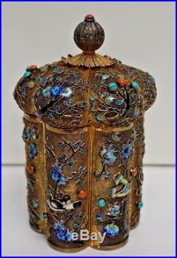 Chinese Filigree Gilt Sterling Silver And Enameled Tea Caddy Box