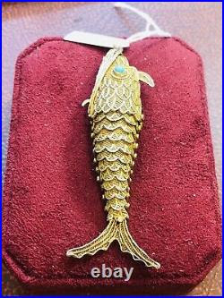 Chinese Filigree Silver Gilt Turquoise Eyed Articulated Fish Pill Box Pendant