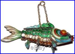 Chinese Gilt Silver Articulated Green & Blue Cloisonne Koi Fish Pendant with Box