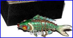 Chinese Gilt Silver Articulated Green & Blue Cloisonne Koi Fish Pendant with Box