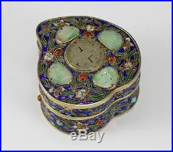 Chinese Gilt Silver Cloisonne Box with Jade medallions, jeweled with gemstones