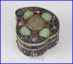 Chinese Gilt Silver Cloisonne Box with Jade medallions, jeweled with gemstones