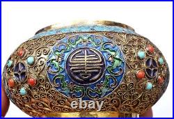 Chinese Gilt Silver Enamel Filigree Box Turquoise & Coral Carved Bead Marked