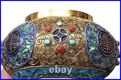 Chinese Gilt Silver Enamel Filigree Box Turquoise & Coral Carved Bead Marked