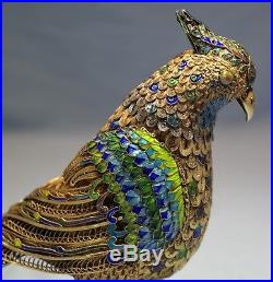 Chinese Gilt Silver Filigree Enamel Large Pheasant Bird Figure Box 20th Century