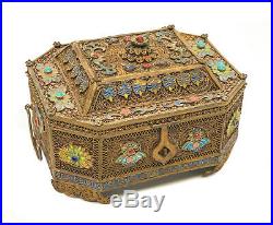 Chinese Gilt Silver Filigree Enamel & Semi-Precious Stone Tea Caddy Box, c1900