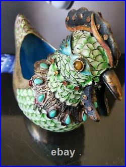 Chinese Gilt Silver Filigree Enamel with turquoise gemstone duck Box