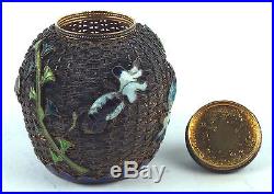 Chinese Gilt Silver Pill Box & Cover with Enamel Decorations of Fish & Plants