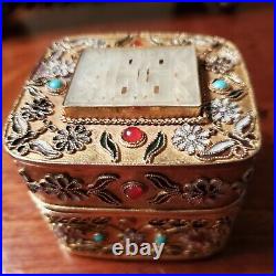Chinese Gilt Silver Wire Jeweled & Jade Trinket Box