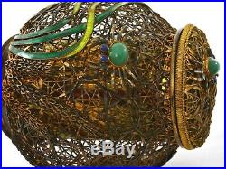 Chinese Gilt Sterling Silver Enamel Basket Box Humidor Ashtray Chrysoprase Crab