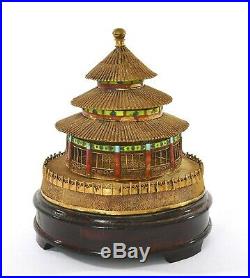 Chinese Gilt Sterling Silver Enamel Box Beijing Temple of Heaven Wood Stand