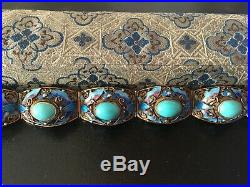 Chinese Gilt Sterling Silver Enamel Turquoise Stones Bracelet Filigree Orig Box
