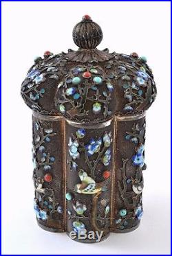 Chinese Gilt Sterling Silver Filigree Enamel Pagoda Tea Caddy Box Turquoise Mk
