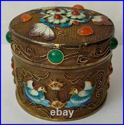 Chinese Gold Filled Silver Filigree Butterfly Birds Enamel Multi Gem Trinket Box