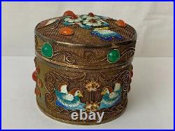 Chinese Gold Filled Silver Filigree Butterfly Birds Enamel Multi Gem Trinket Box