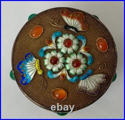 Chinese Gold Filled Silver Filigree Butterfly Birds Enamel Multi Gem Trinket Box