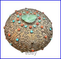 Chinese Gold Gilt Filigree Silver Carnelian Jade Jadeite Desk Box Dresser Jar