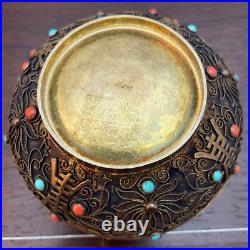 Chinese Gold Gilt Filigree Silver Carnelian Jade Jadeite Desk Box Dresser Jar