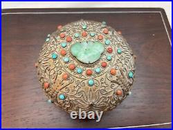 Chinese Gold Gilt Filigree Silver Carnelian Jade Jadeite Desk Box Dresser Jar