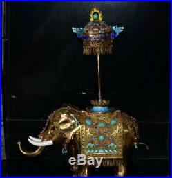 Chinese Gold Silver Elephant Box Jeweled Gemstone Filigree Enamel Basket Symbol