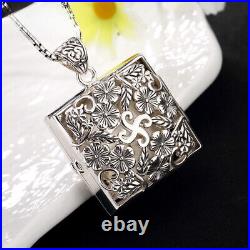 Chinese Hollow Out Plum Blossom Square Gawu Box S925 Pure Silver Necklace