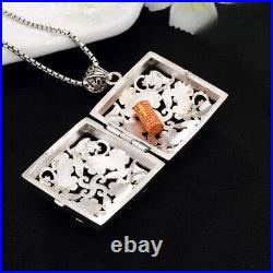 Chinese Hollow Out Plum Blossom Square Gawu Box S925 Pure Silver Necklace