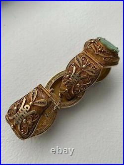 Chinese Jade Jadeite Carved Gilt Silver Filigree Bracelet Set With Original Box