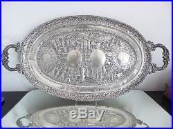 Chinese, Japanese Large tray export solid silver beautiful relief work 64 cm