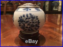 Chinese Kangxi Blue and White Jar with Silver Cover and Rosewood Base, Damaged