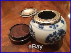 Chinese Kangxi Blue and White Jar with Silver Cover and Rosewood Base, Damaged