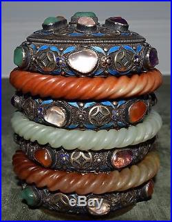 Chinese Old/Antique Silver Enamel Box Inlaid Stones 3 Bangles Marked