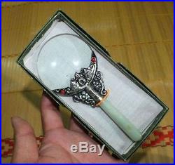 Chinese Old Handmade Tibet Silver And Jade Magnifying Glass With Boxes