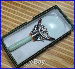 Chinese Old Handmade Tibet Silver And Jade Magnifying Glass With Boxes