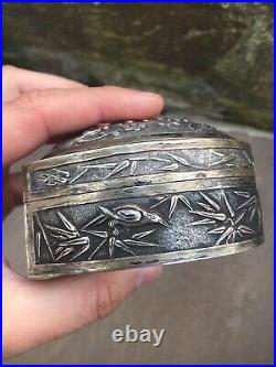 Chinese Qing Period 19th Century Silver Box And Cover Heart Shaped Bird Bamboo