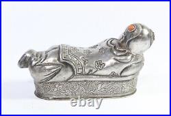 Chinese Reclining Boy Figure Solid Silver Box Inlaid Coral & Turquoise
