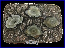 Chinese Repousse Silver Box with Ming Jade Flower Buttons Qing Dynasty