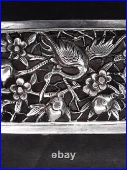 Chinese Repousse and cut Silver trinket or Cricket box with Flowers