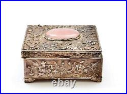 Chinese Rose Quartz Carved Plaque Silver Plated NOT SILVER Enamel Box Flower