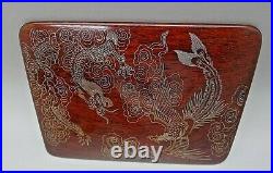 Chinese Rosewood Antique Dragon Bird Of Paradise Silver & Gold Inlay Box Rare
