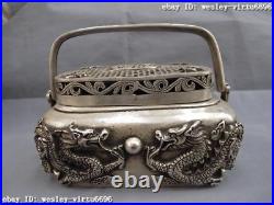 Chinese Royal White copper silver Lucky Wealth Dragon Play Bead Roast Fire Box