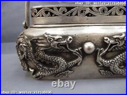Chinese Royal White copper silver Lucky Wealth Dragon Play Bead Roast Fire Box