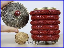 Chinese SILVER BOX Cinnabar lacquer relief flower double gourd 415g