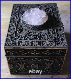 Chinese SILVER Filigree Carved PINK JADE Export Box 257 Grams