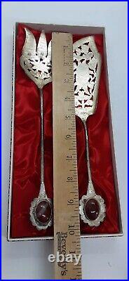 Chinese Silver And Carnelian Red Jade Fork And Knife Fish Serving Set In Box