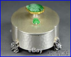 Chinese Silver Box with Jadeite Carving Finial, Floral Design Feet, 20th Century